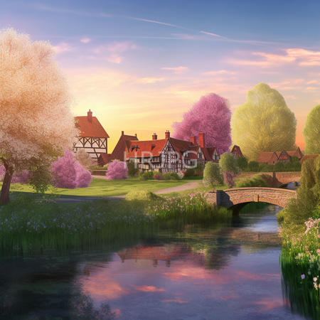 High Resolution: Idyllic village at sunset featuring pink and green trees with blooming flowers by a reflective river under a stone bridge with quaint Tudor-style houses download. | HRJPG.com