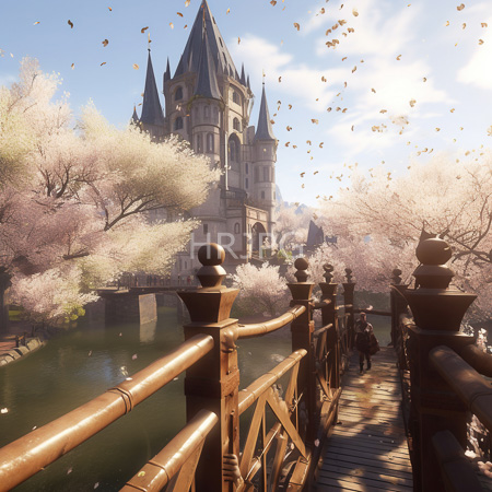 High Resolution: Enchanting castle with pointed spires surrounded by blooming cherry trees in full pink blossom under bright sunlight with a wooden bridge leading to it download. | HRJPG.com