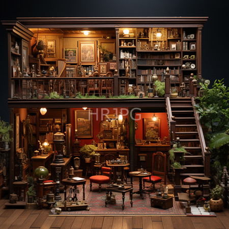 High Resolution: Intricately detailed two-story Victorian-style study room with rich wooden furniture bookshelves overflowing with books and a staircase leading up download. | HRJPG.com