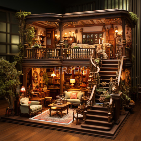 High Resolution: Intricately detailed two-story Victorian dollhouse with warm amber lighting and rich wooden textures throughout both floors plush green armchairs download. | HRJPG.com
