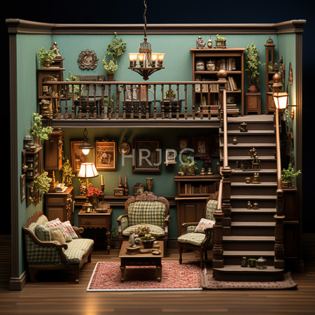 High Resolution: Intricately detailed miniature Victorian-style living room with teal walls and wooden accents two levels connected by stairs on the right side download. | HRJPG.com
