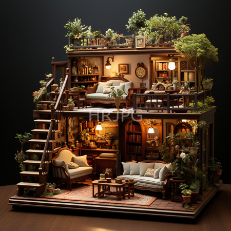 High Resolution: Intricately detailed two-story dollhouse with Victorian-style furnishings and lush greenery on its roof terrace with cream armchairs on the ground floor download. | HRJPG.com