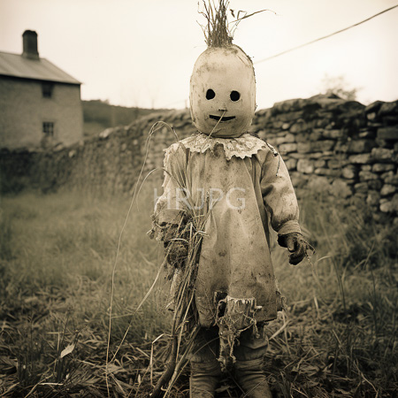 High Resolution: Sepia-toned photograph of an eerie weather-worn scarecrow with a carved pumpkin head wearing a tattered lace dress beside a stone wall house download. | HRJPG.com