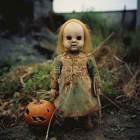 High Resolution: Eerie weathered porcelain doll with pale skin and yellow hair standing outdoors beside a carved pumpkin jack-o'-lantern wearing a tattered green dress download. | HRJPG.com
