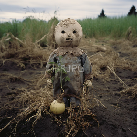 High Resolution: Old weathered porcelain doll with blackened eyes and mouth standing in muddy soil amidst tall green grasses its dress is tattered gray-blue fabric download. | HRJPG.com