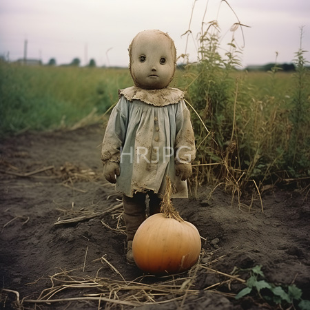High Resolution: Old dirty porcelain doll with large black eyes and pale skin standing in a muddy field beside a small orange pumpkin wearing a tattered blue dress download. | HRJPG.com