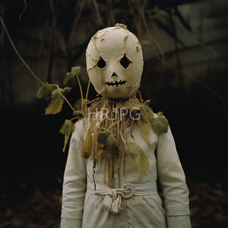 High Resolution: Eerie figure wearing a tattered white mask with black eye holes and stitched mouth with long strands of dried leaves draping down its neck download. | HRJPG.com