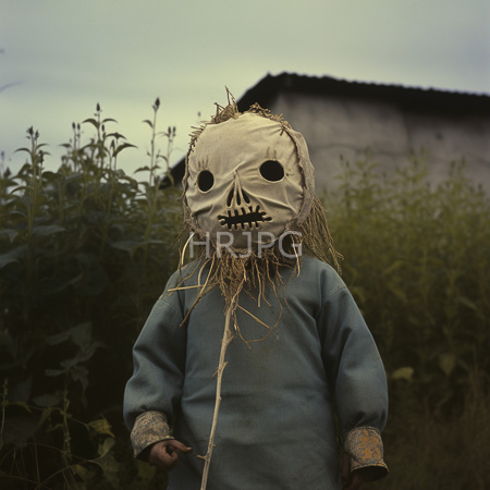 High Resolution: Eerie figure wearing a tattered white skull mask with black eye and mouth holes and straw hair protruding from beneath it dressed in a worn-out blue garment download. | HRJPG.com