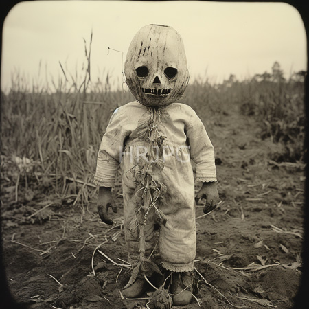 High Resolution: Sepia-toned photograph of an eerie weather-worn doll with tattered clothes standing in a barren field its head replaced by a skull-like mask download. | HRJPG.com