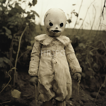 High Resolution: Sepia-toned photograph of an eerie weather-worn scarecrow with a white mask featuring black stitched eyes and mouth wearing tattered striped pajamas download. | HRJPG.com