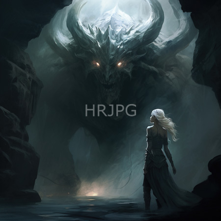 High Resolution: Eerie cave scene with dark rocky walls framing it a tall woman in intricate black armor stands facing away from a glowing orange-eyed dragon download. | HRJPG.com