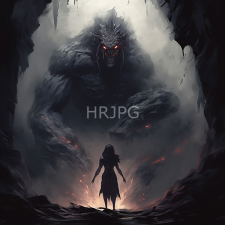 High Resolution: Ominous cave scene with dark jagged rock formations and eerie red glowing eyes of a massive menacing creature looming in shadows above it download. | HRJPG.com