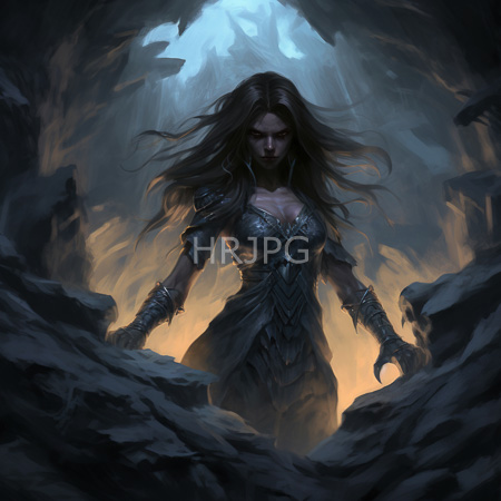 High Resolution: Imposing dark-haired female warrior with glowing eyes standing in a rocky cave illuminated by soft blue and warm orange light wearing intricate black armor download. | HRJPG.com