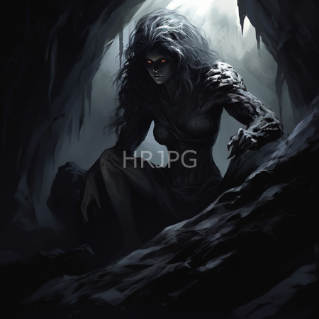 High Resolution: Eerie dark-haired female monster with glowing red eyes and clawed hands in a dim cave setting wearing rough-textured black clothing download. | HRJPG.com