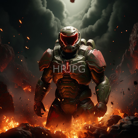 High Resolution: Armored muscular warrior with a red-lit visor standing in fiery volcanic terrain under dark clouds his green and black armor has glowing orange accents download. | HRJPG.com