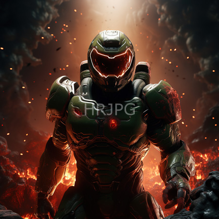 High Resolution: Armored muscular male warrior in green futuristic armor with glowing red accents stands ready to strike amidst fiery ruins under dark clouds download. | HRJPG.com