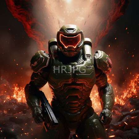 High Resolution: Armored muscular warrior with green and black futuristic armor holds a gun in his right hand against a fiery background with intense flames download. | HRJPG.com