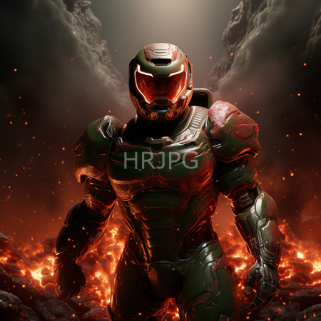 High Resolution: Iron Man in his Mark XLVII armor stands amidst fiery lava and rocky terrain with dark clouds overhead reflecting light from molten rocks download. | HRJPG.com