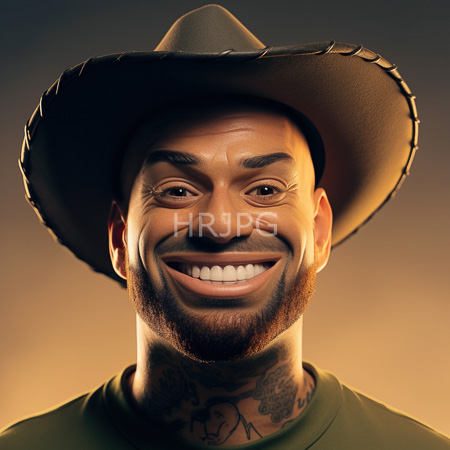 High Resolution: Smiling bearded Black man with tattoos on his neck wears a dark green shirt and a large black cowboy hat against an orange gradient background download. | HRJPG.com