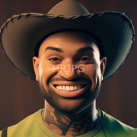High Resolution: Smiling light-skinned Black man with a short beard and tattoos on his neck wears a green shirt and brown cowboy hat with frayed edges download. | HRJPG.com