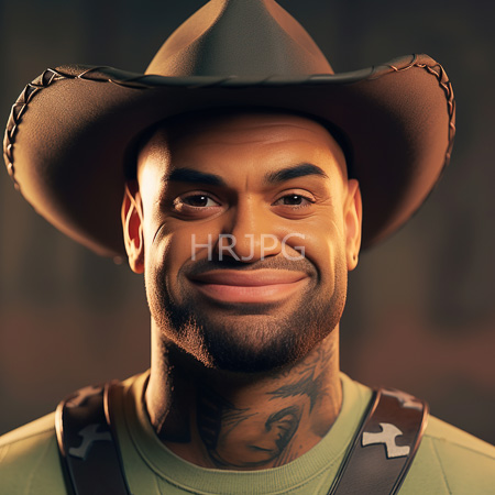 High Resolution: Attractive muscular Black man with a short beard wears a cowboy hat adorned with braided edges and a green shirt with white crosses download. | HRJPG.com