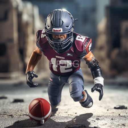 High Resolution: Athletic male football player in maroon jersey number seventy-two running toward a red American Football on a cracked street in a post-apocalyptic setting download. | HRJPG.com