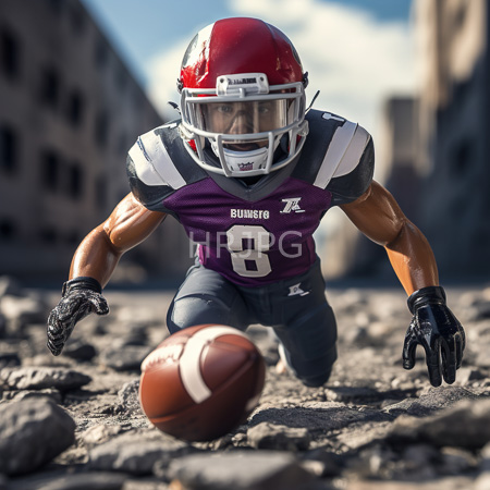 High Resolution: Athletic male football player in a purple and gray uniform number eight diving to catch a ball on a rocky urban battlefield download. | HRJPG.com