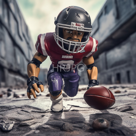 High Resolution: African-American male NFL player in a red and purple uniform crouched on cracked pavement in a post-apocalyptic urban setting with focused eyes download. | HRJPG.com