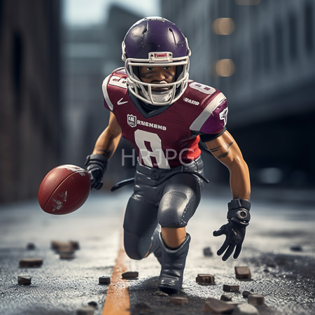 High Resolution: African-American male football player with a muscular build in a purple and white uniform runs on a wet street holding a ball at dusk download. | HRJPG.com