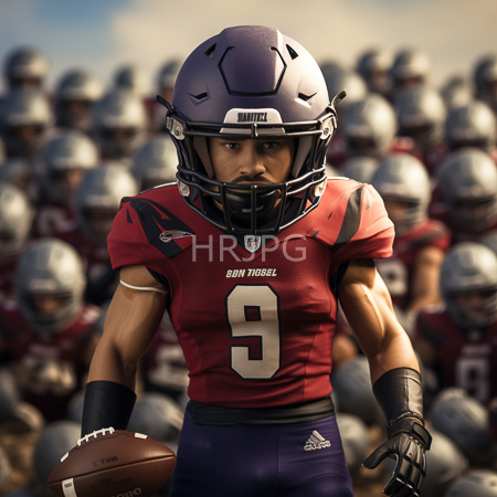 High Resolution: Athletic male football player with medium brown skin wears a purple helmet and red jersey number nine holding a ball with blurred teammates behind download. | HRJPG.com