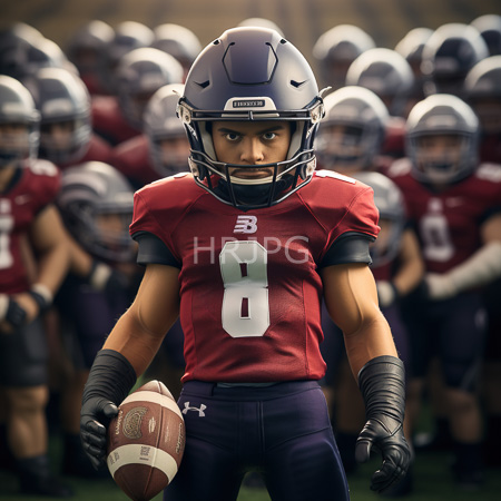 High Resolution: Athletic muscular male football player with medium brown skin wears a red jersey number eight standing confidently at center with blurred teammates download. | HRJPG.com