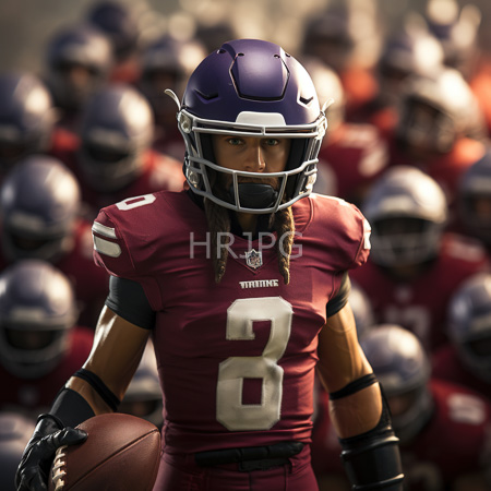 High Resolution: African-American female football player with braided hair in a maroon and white uniform holds a ball with blurred teammates at sunset download. | HRJPG.com