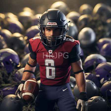High Resolution: Athletic male football player with medium brown skin wears a red and black Denver Broncos uniform number eight holding a ball download. | HRJPG.com