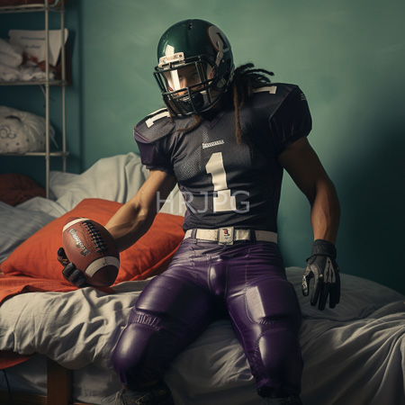 High Resolution: African-American male football player with long dreadlocks wears a dark green and purple uniform number one sitting on an unmade bed download. | HRJPG.com