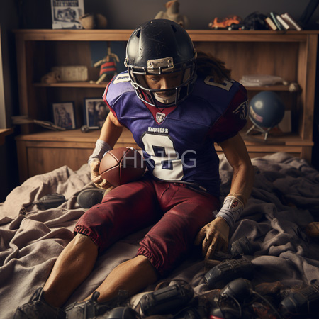 High Resolution: Athletic man with tan skin wears a purple and maroon football uniform and black helmet holding a ball on a cluttered bed download. | HRJPG.com