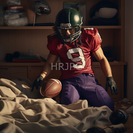 High Resolution: Athletic man in a green helmet red jersey number nine and purple pants kneeling on a beige bedspread holding a football download. | HRJPG.com
