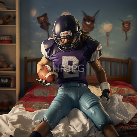 High Resolution: Athletic man with long brown hair wears a purple football helmet and jersey sitting at the edge of a bed in a dim-lit bedroom download. | HRJPG.com