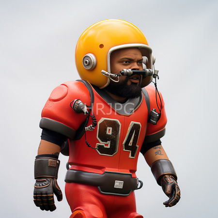 High Resolution: African-American man with dark skin wears futuristic football gear including an orange helmet with breathing apparatus and a red jersey download. | HRJPG.com