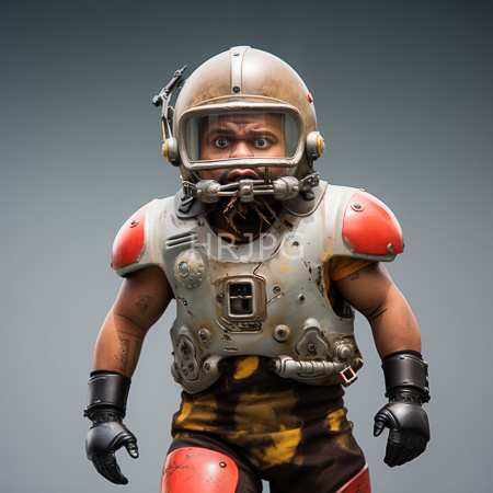High Resolution: Intense muscular Black man in worn-out futuristic football armor with red shoulder pads and yellow-brown camouflage pants and tattoos download. | HRJPG.com