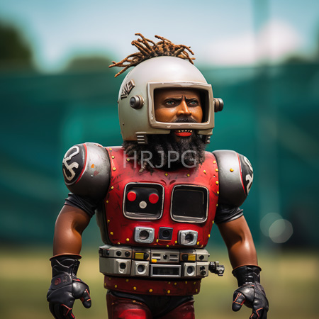 High Resolution: African-American man with dreadlocks wears vintage-style football armor featuring red and silver colors and a helmet with dreads sticking out download. | HRJPG.com