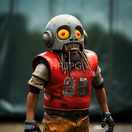 High Resolution: Eerie humanoid robot with yellow glowing eyes and dreadlock-like wires wears a dirty red football jersey number twenty-eight over brown pants download. | HRJPG.com