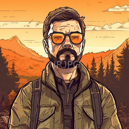 High Resolution: Bearded man with brown hair wears orange-tinted sunglasses and a green jacket with a brown backpack against a sunset forest background download. | HRJPG.com
