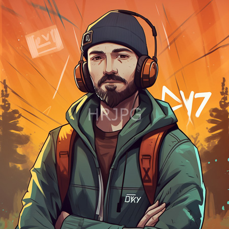 High Resolution: Bearded man with medium skin tone wears an orange headphone and black cap green hoodie and backpack straps against a sunset background download. | HRJPG.com