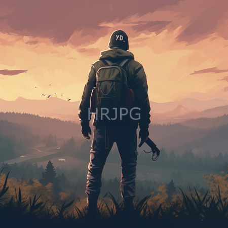 High Resolution: Individual standing on grassy terrain with their back to the viewer wears a green hoodie and dark pants holding a camera against a sunset sky download. | HRJPG.com
