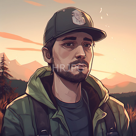 High Resolution: Attractive bearded man with medium skin tone and dark hair wears a green cap olive-green jacket and brown backpack against a mountainous forest sunset download. | HRJPG.com