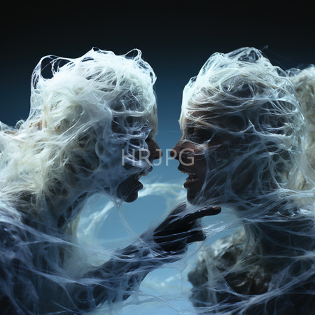 High Resolution: Two shadowy ethereal figures with white hair entangled in translucent web-like strands facing each other with hands touching softly download. | HRJPG.com