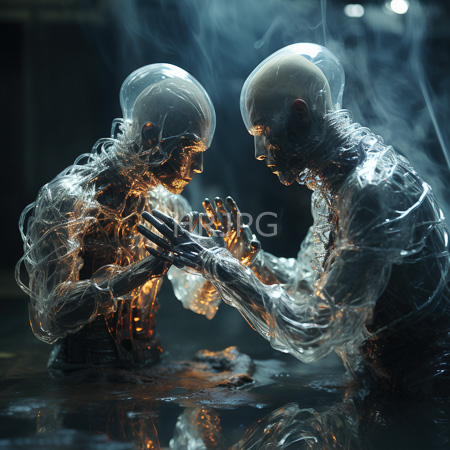 High Resolution: Two transparent ethereal human figures with glass-like textures and wispy smoke face each other intimately with hands touching mid-air download. | HRJPG.com