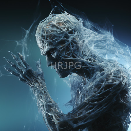 High Resolution: Ethereal skeletal figure enveloped in translucent white web-like strands against a dark blue gradient background with raised hands download. | HRJPG.com