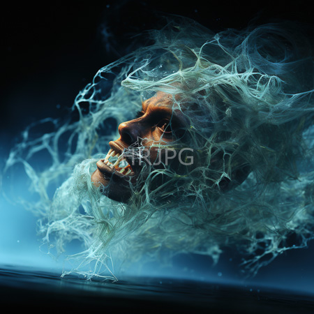 High Resolution: Eerie spectral face with glowing teeth emerging from swirling blue and green smoke against a dark background with web-like textures download. | HRJPG.com