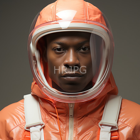 High Resolution: African-American man with dark skin wears a shiny orange quilted jacket and white suspenders and a clear plastic motorcycle helmet with a serious expression download. | HRJPG.com